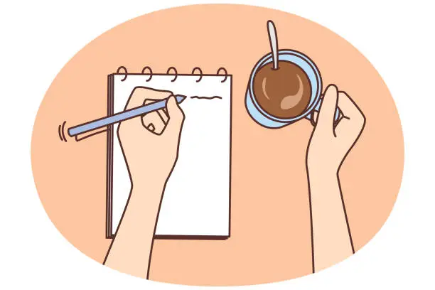Vector illustration of Person writing in notepad drinking coffee