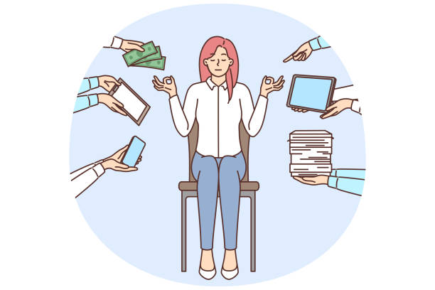 istock Calm businesswoman meditate distracted form office work 1880458757