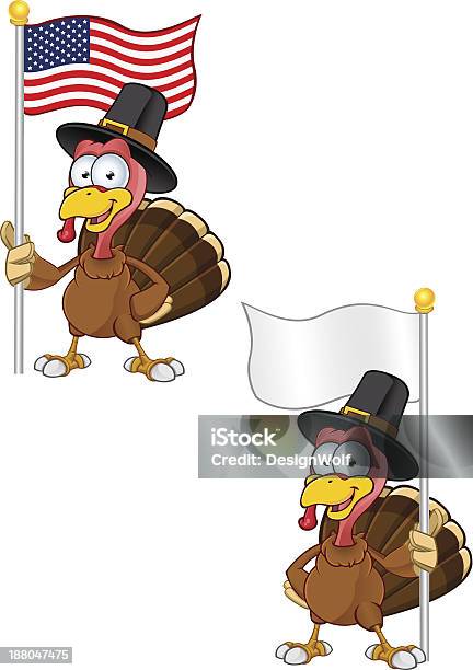 Turkey Mascot Holding A Flag Stock Illustration - Download Image Now - Animal, Autumn, Bird