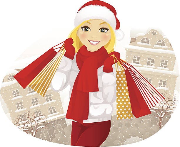 winter shopping mädchen - shopping christmas women retail stock-grafiken, -clipart, -cartoons und -symbole