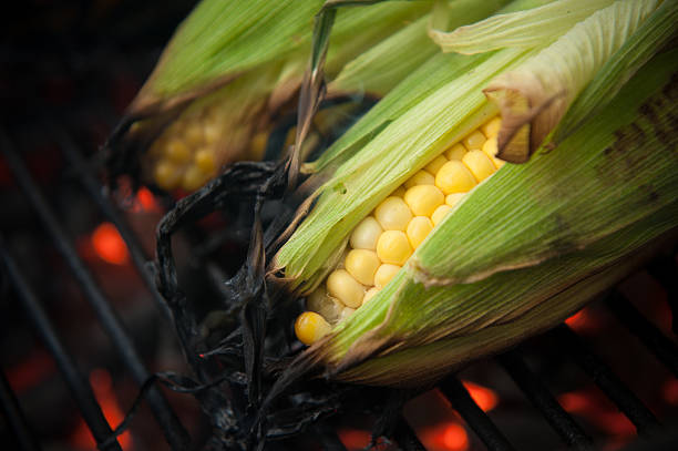 Corn on the cob being grilled stock photo