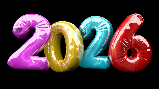 Colored 2026 balloons on black background. / You can see the animation movie of this image from my iStock video portfolio. Video number: 1811951130