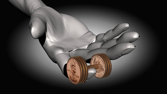 The investor, who exercises his finger with a coin-shaped dumbbell, aims to make money from small business. Increasing economic difficulties and inflation in recent years have made small amounts of money valuable. / You can see the animation movie of this image from my iStock video portfolio. Video number: 1812819824