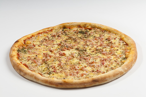 Ham And Cheese Pizza In A White Background