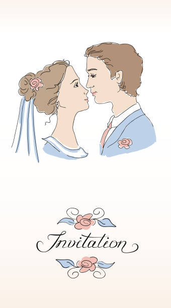 ilustrações de stock, clip art, desenhos animados e ícones de convite de casamento - kissing bride profile single flower