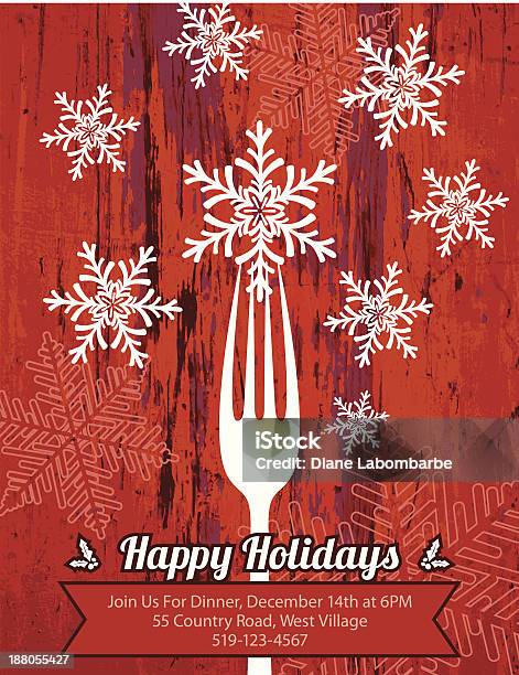 크리스마스 디너 초대 나무 배경의 공휴일에 대한 스톡 벡터 아트 및 기타 이미지 - 공휴일, 그런지 이미지 기법, 눈송이