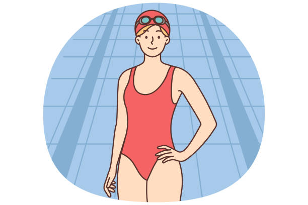 Young woman in a swimsuit Young woman by the pool. A girl swimmer in a swimsuit and a swimming cap. Water sports. Recreation and leisure. Vector illustration woman in swim cap stock illustrations