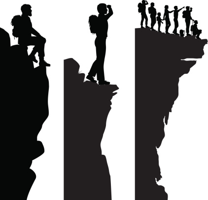 Three editable vector side panel silhouettes of hikers standing on top of a cliff or outcrop with all people as separate objects