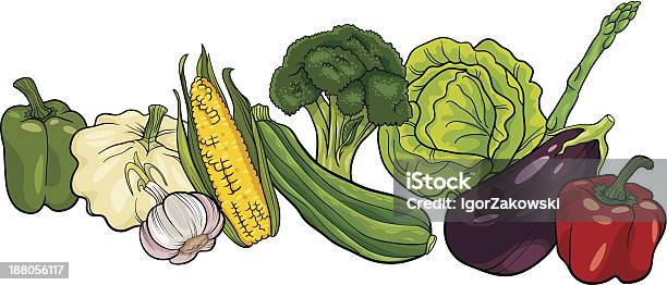 Grande Gruppo Di Verdure Illustrazione Fumetto - Immagini vettoriali stock e altre immagini di Aglio - Alliacee - Aglio - Alliacee, Alimentazione sana, Asparago