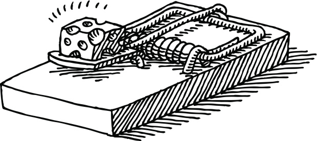 Hand-drawn vector drawing of a Mousetrap with a Cheese Bait. Black-and-White sketch on a transparent background (.eps-file). Included files are EPS (v10) and Hi-Res JPG.