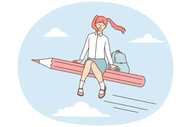 Vector illustration of Schoolgirl with backpack sits on giant pencil flying in sky among clouds to be in time in school