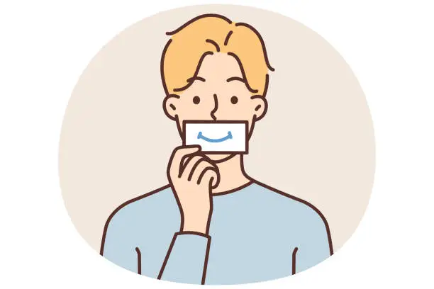 Vector illustration of Man puts piece paper with image of smile to mouth, wanting to fake positive emotions during stress