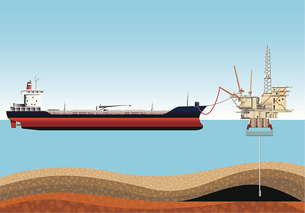 загрузка в нефтяной танкер. - oil rig oil well natural gas industrial ship stock illustrations
