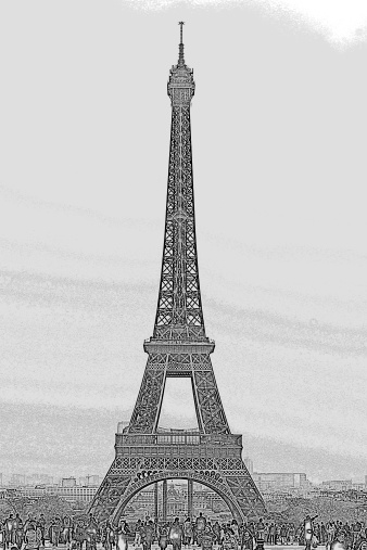 Black and white sketch sketches recognizable places in Europe. Architecture of Paris .France.