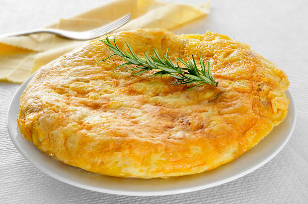 potato omelette, spanish omelet closeup of a plate with a typical tortilla de patatas, spanish omelet, on a set table tortilla de patatas stock pictures, royalty-free photos & images