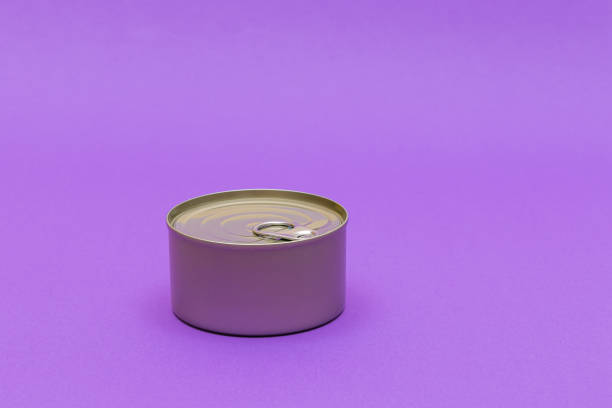istock Unopened Tin Can with Blank Edge on Violet Background 1880627307