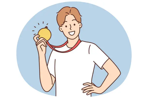 Vector illustration of A happy athlete shows the gold medal he received
