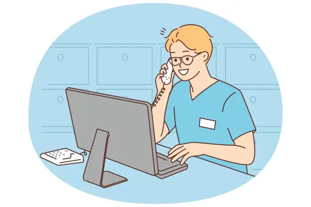 Vector illustration of Smiling doctor talk on phone work on computer