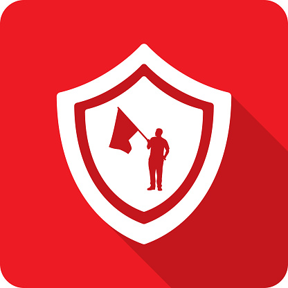 Vector illustration of a shield with man holding flag against a red background in flat style.