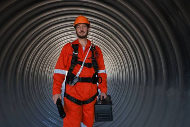 Portrait engineer or technician with reflective coverall suit and harness work in side hug tube