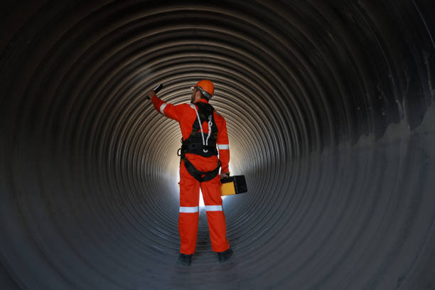 istock Back view of Construction engineer or technician with reflective coverall suit and safety harness use a flashlight to guide for work inside a tunnel. 1880710189