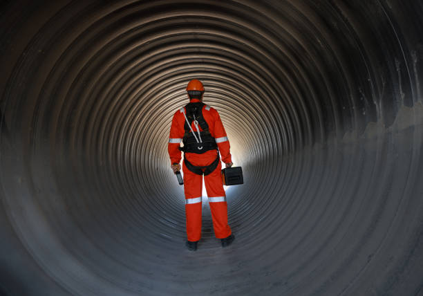 istock Portrait engineer or technician with safety uniform and safety harness work under a huge tube at the construction site. 1880710190