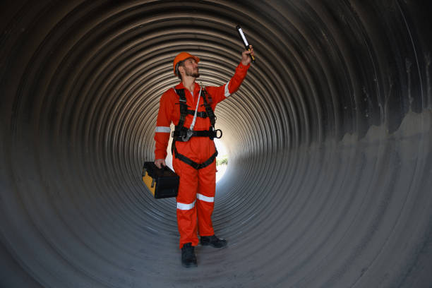 Construction engineer or technician with reflective coverall suit and safety harness use flashlight to guide for work inside a tunnel.