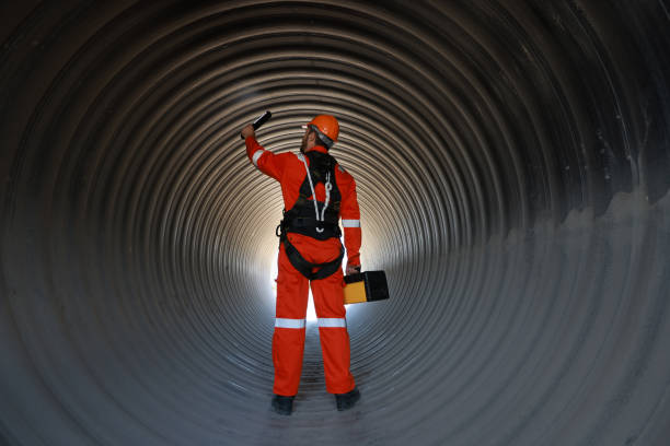istock Back view of Construction engineer or technician with reflective coverall suit and safety harness use a flashlight to guide for work inside a tunnel. 1880710192