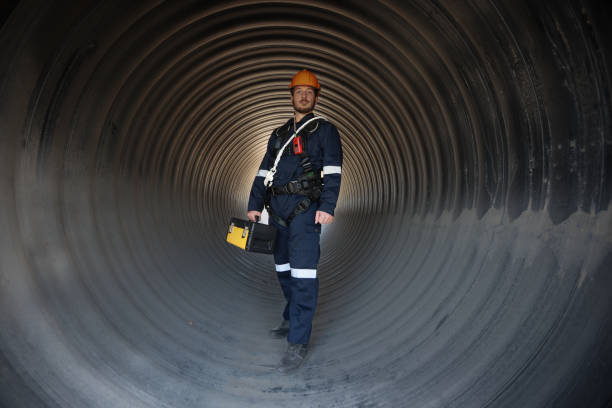 istock Mechanical engineer with coverall safety suit and tool box work in a huge tube, infrastructure construction 1880710713