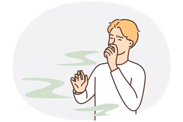 Vector illustration of Man covers nose so as not to smell unpleasant smell from harmful production