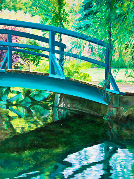 Giverny Bridge on the Water Lily Pond The Japanese bridge at Giverny, Claude Monet's estate, is reflected in the water lily pond. claude monet photos stock illustrations