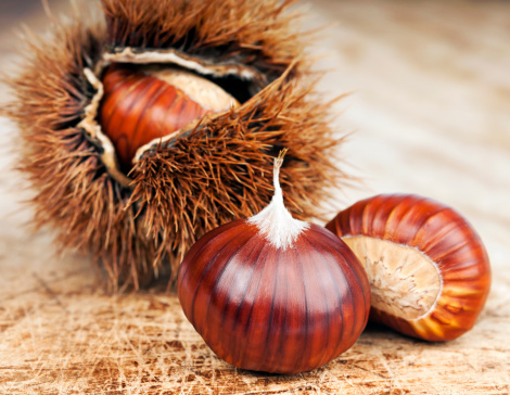 chestnuts and curly chestnut on wooden chopping board