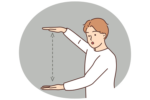 Man showing distance with hands. Frustrated guy demonstrate measurement with palm. Vector illustration.