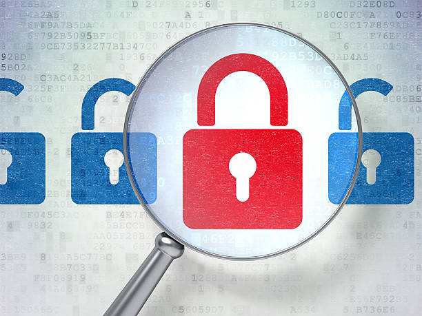 istock Security concept with magnifier glass and lockers 188073088