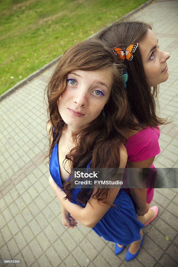 The Best Girl Friends Two beautiful girls in blue and pink dress standing back to back, butterfly in hair, view from above, wide angle view 25-29 Years Stock Photo