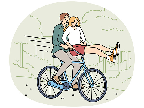 Overjoyed young man and woman ricing bicycle in park together. Smiling couple have fun enjoy bike ride outdoors in summer. Vector illustration.