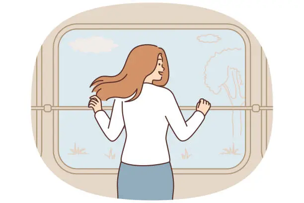 Vector illustration of Smiling woman enjoy nature view from train window