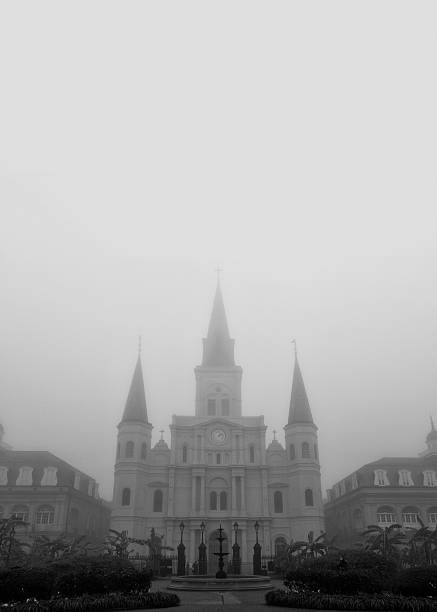 A black and white image of with a  large copy space area of the St.Louis Cathedral in New Orleans on a foggy day