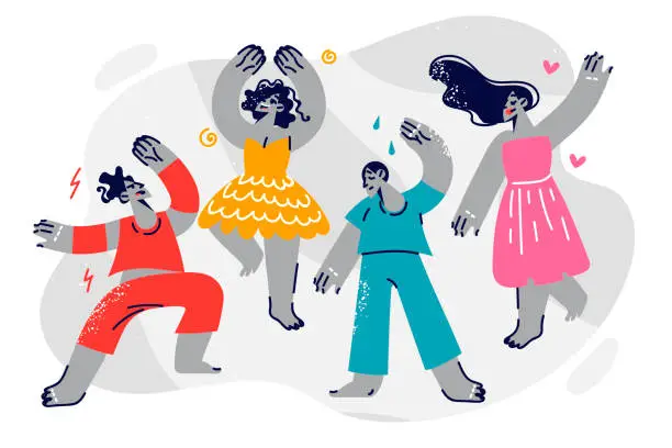 Vector illustration of Dancing men and women with different emotions participate in music party or youth disco