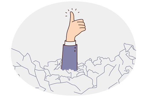 Closeup of businessman buried under paper pile stretch hand show thumb up. Male employee overwhelmed with paperwork demonstrate optimism. Vector illustration.