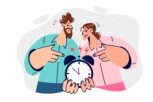 Man and woman remind about deadlines and please hurry up by showing alarm clock and pointing with fingers at time. Two managers synchronously rant to subordinate, setting tasks or deadlines