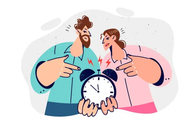 Vector illustration of Man and woman remind about deadlines and please hurry up by showing alarm clock.