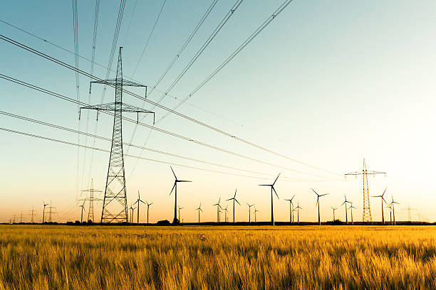 varas de energia e turbinas eólicas do sol no outono - electricity pylon - fotografias e filmes do acervo