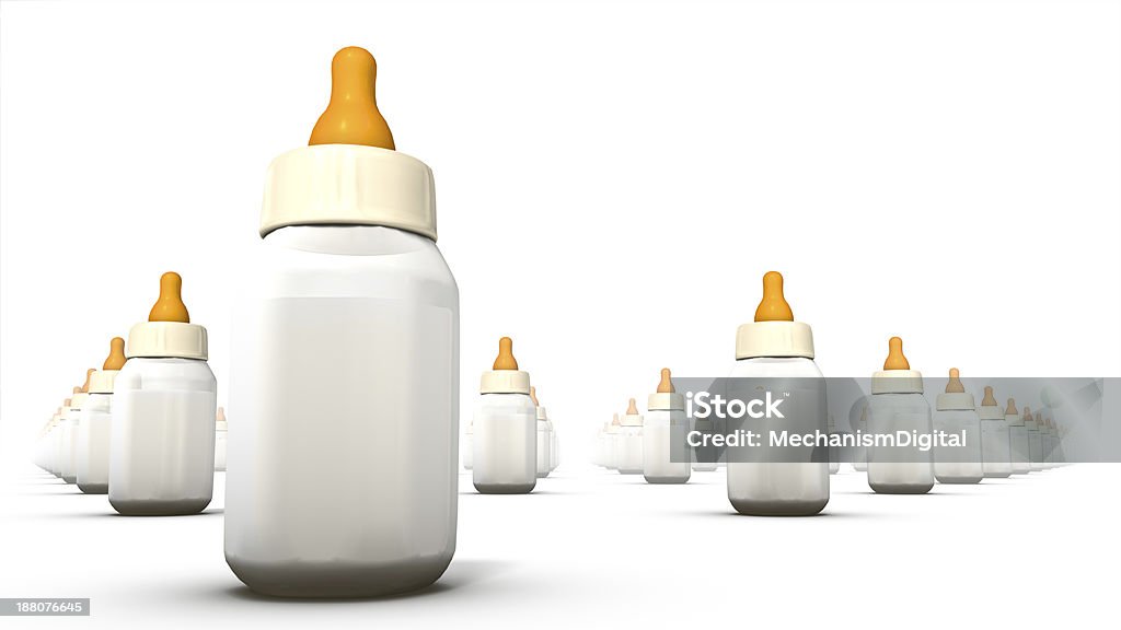 Low angle view of endless Baby Bottles Endless Baby Bottles on a white background Baby - Human Age Stock Photo