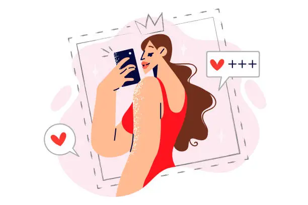 Vector illustration of Woman beauty blogger takes selfie with phone camera to show off purchase new dress to subscribers
