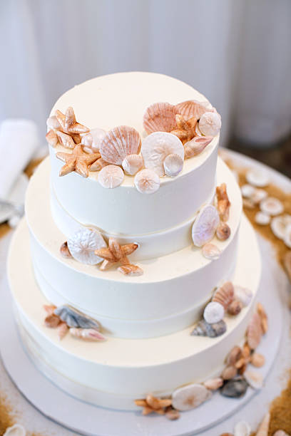 White Wedding Cake with Beach Decor bakery, beach, beautiful, cake, celebration, clean, confectionery, creative, custom, decorated, delicate, design, dessert, detail, detailed, food, frosting, marriage, reception, ribbon, round, sand, sea, seashells, shells, smooth, starfish, sweet, table, themed, three, tiered, tiers, treat, tropical, wedding, white wedding cake close up macro stock pictures, royalty-free photos & images