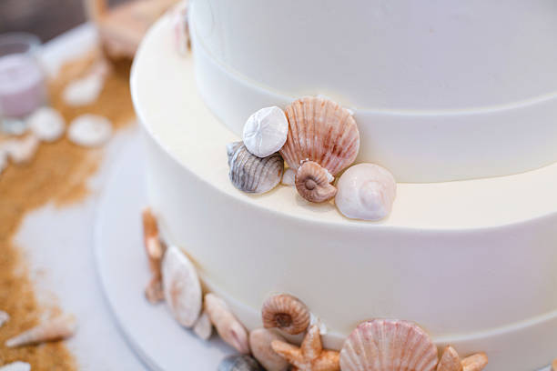 Wedding Cake Detail bakery, beach, beautiful, cake, celebration, clean, closeup, confectionery, creative, custom, decorated, delicate, design, dessert, detail, detailed, food, frosting, marriage, reception, ribbon, round, sand, sea, seashells, shells, smooth, starfish, sweet, table, themed, three, tiered, tiers, treat, tropical, wedding, white wedding cake close up macro stock pictures, royalty-free photos & images