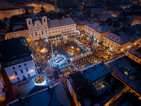 Gyor, Hungary - 11.12.2023 - Aerial view about the Christmas market at Szechenyi square in the heart of the city.