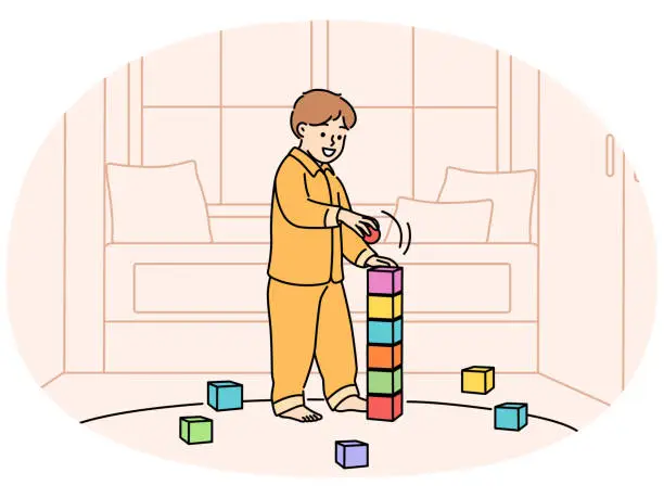 Vector illustration of Cute child play with building blocks