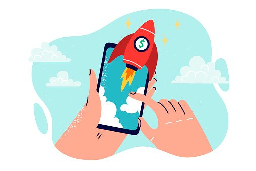 Mobile phone with flying rocket in hands of person, as metaphor for fast 5g internet in smartphone for visiting social networks. People use high-speed internet thanks to high-quality cellular services